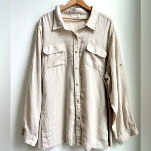 Calvin Klein 100% Linen (rayon panels) Light Beige Button-Up Shirt blouse 3X